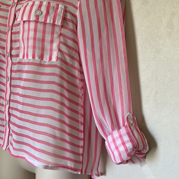 PASSPORT | SHEER BUTTON DOWN | MED | PINK AND WHITE - Picture 2 of 9